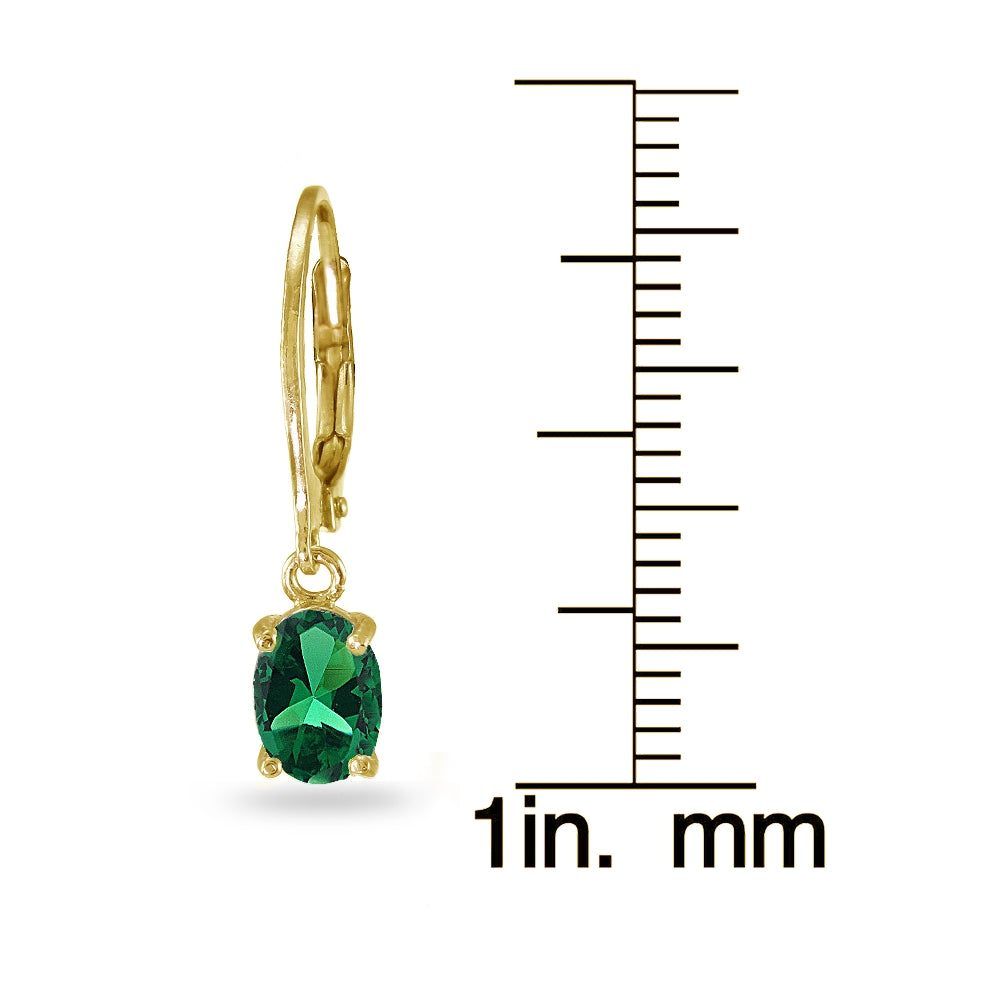 Yellow Gold Flashed Sterling Silver Created Emerald 7x5mm Oval Dangle Leverback Earrings-3
