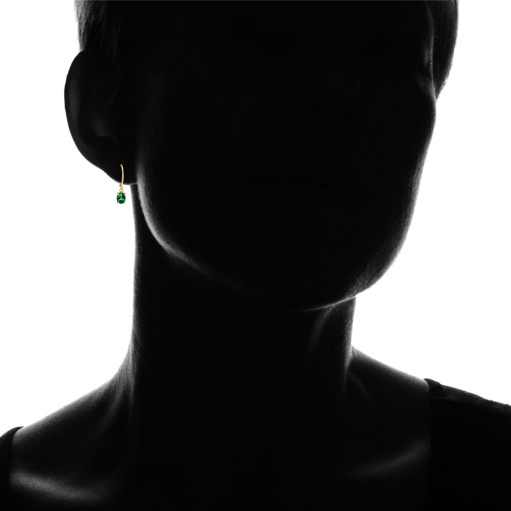 Yellow Gold Flashed Sterling Silver Created Emerald 7x5mm Oval Dangle Leverback Earrings-4
