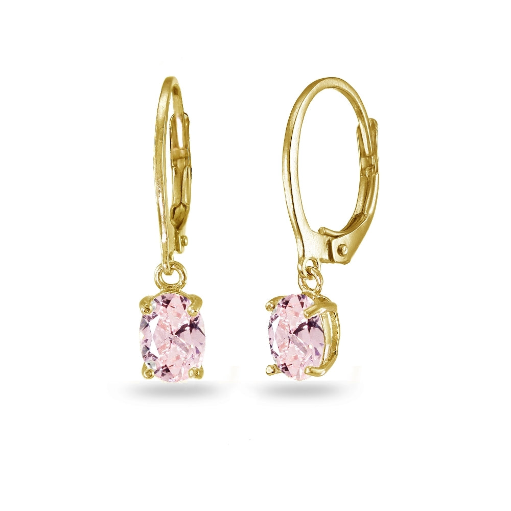 Yellow Gold Flashed Sterling Silver Created Morganite 7x5mm Oval Dangle Leverback Earrings