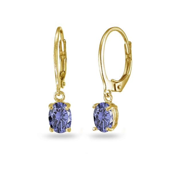 Yellow Gold Flashed Sterling Silver Created Tanzanite 7x5mm Oval Dangle Leverback Earrings