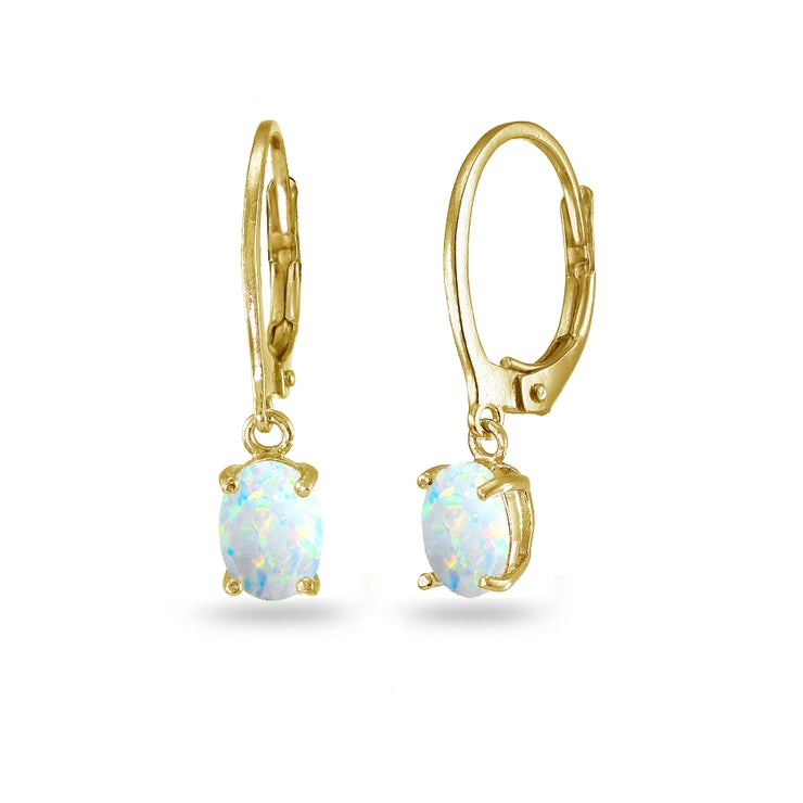 Yellow Gold Flashed Sterling Silver Created White Opal 7x5mm Oval Dangle Leverback Earrings