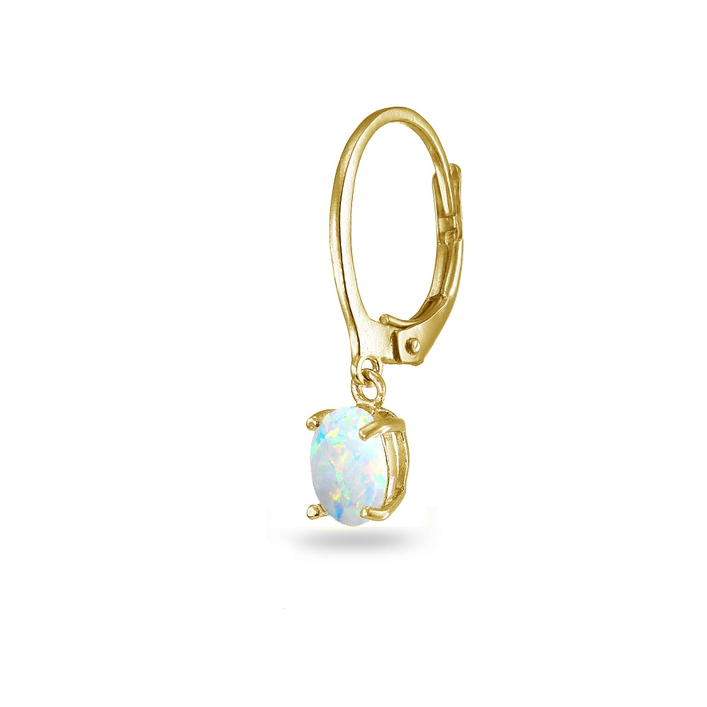 Yellow Gold Flashed Sterling Silver Created White Opal 7x5mm Oval Dangle Leverback Earrings-2