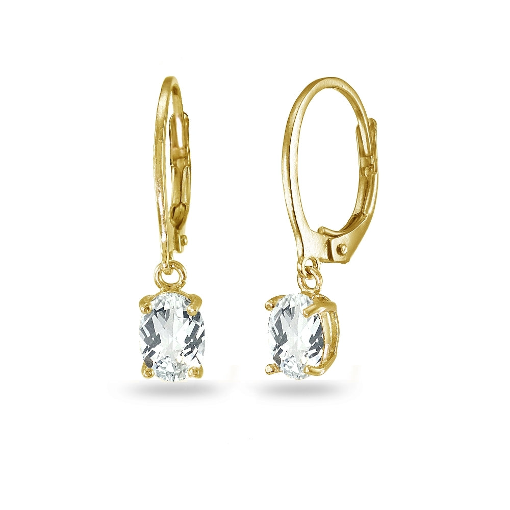 Yellow Gold Flashed Sterling Silver White Topaz 7x5mm Oval Dangle Leverback Earrings