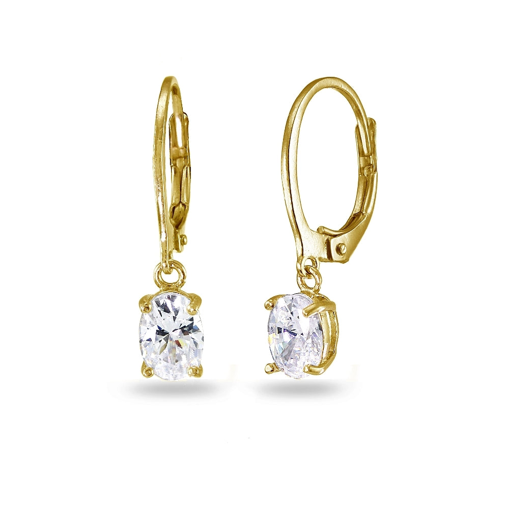 Yellow Gold Flashed Sterling Silver Cubic Zirconia 7x5mm Oval Dangle Leverback Earrings