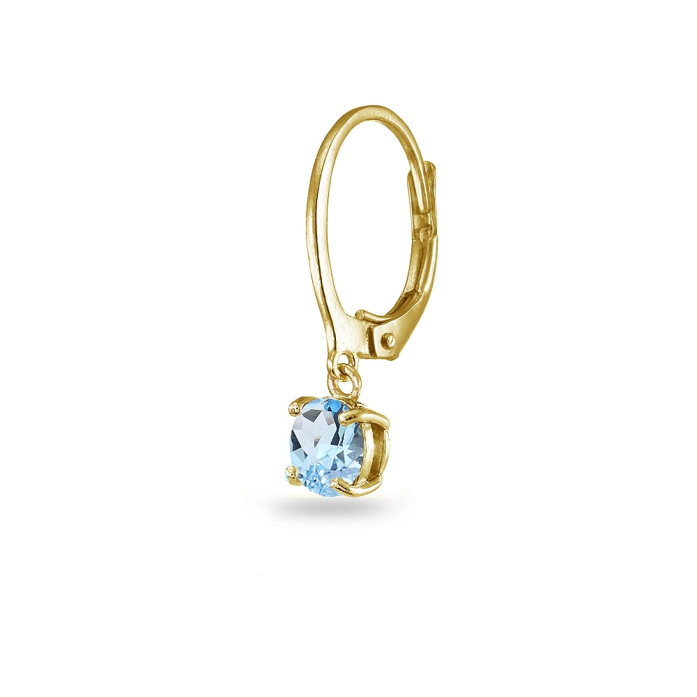 Yellow Gold Flashed Sterling Silver Blue Topaz 6mm Round Dangle Leverback Earrings-2