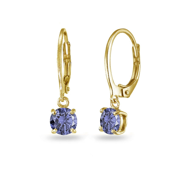 Yellow Gold Flashed Sterling Silver Created Tanzanite 6mm Round Dangle Leverback Earrings