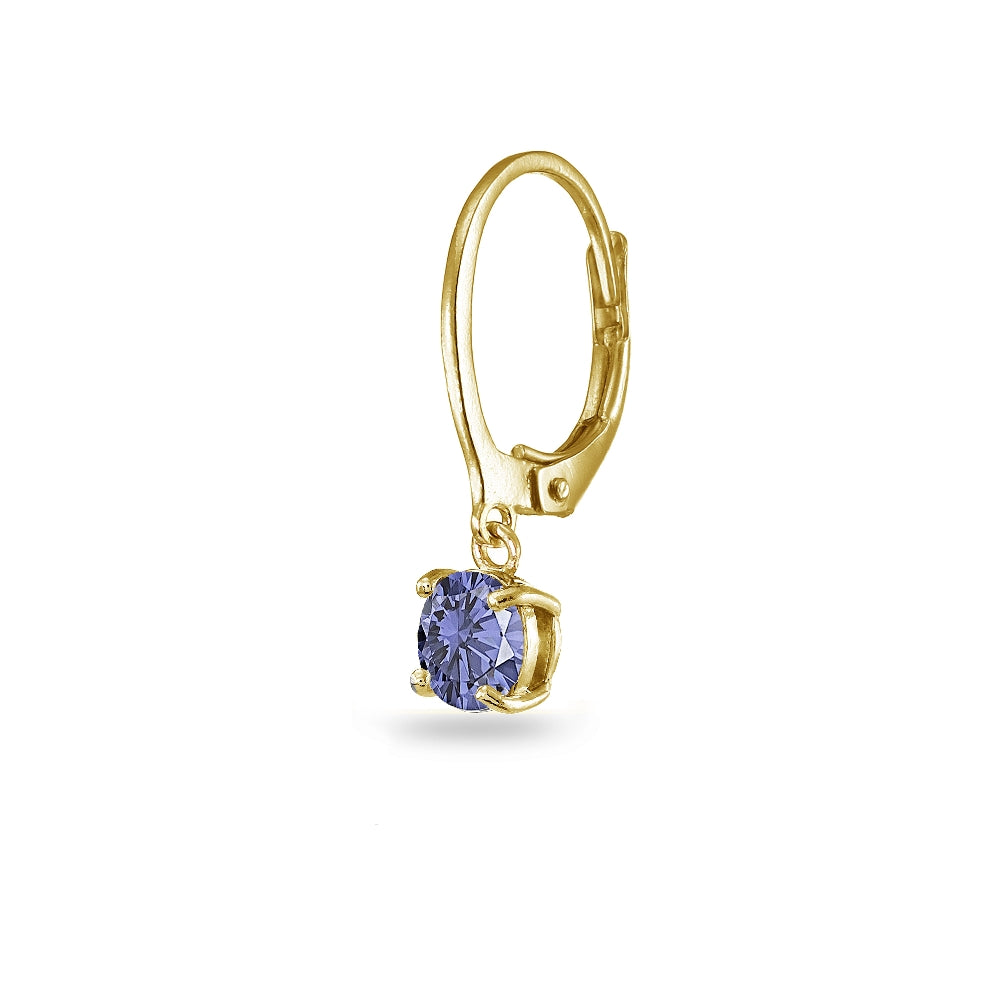 Yellow Gold Flashed Sterling Silver Created Tanzanite 6mm Round Dangle Leverback Earrings-2