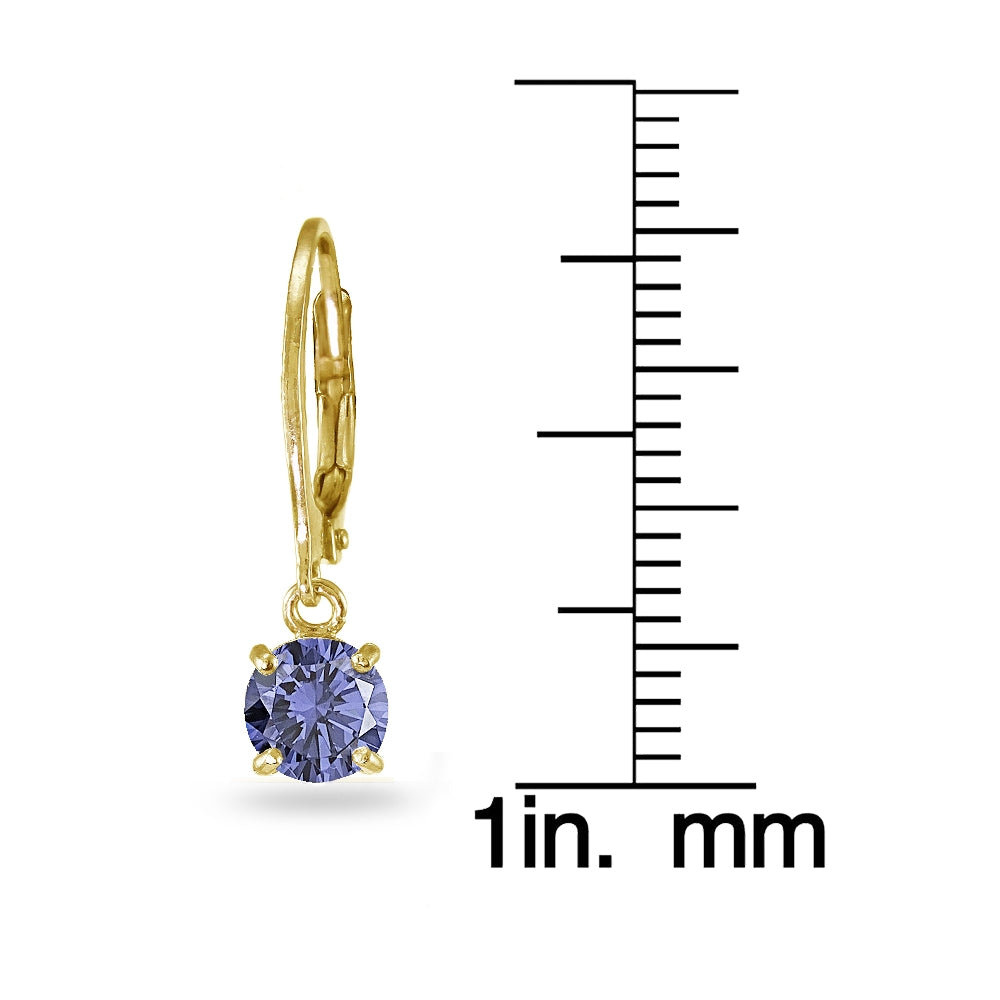 Yellow Gold Flashed Sterling Silver Created Tanzanite 6mm Round Dangle Leverback Earrings-3