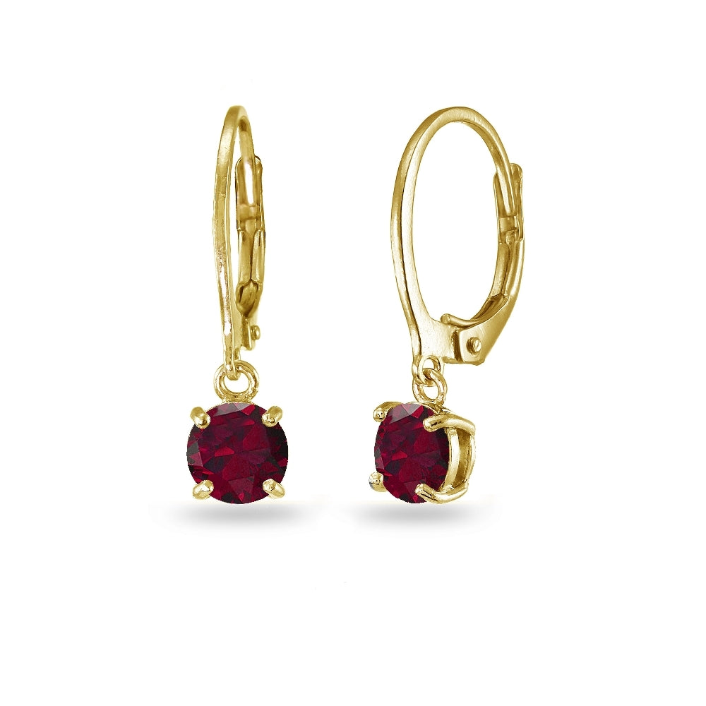 Yellow Gold Flashed Sterling Silver Created Ruby 6mm Round Dangle Leverback Earrings