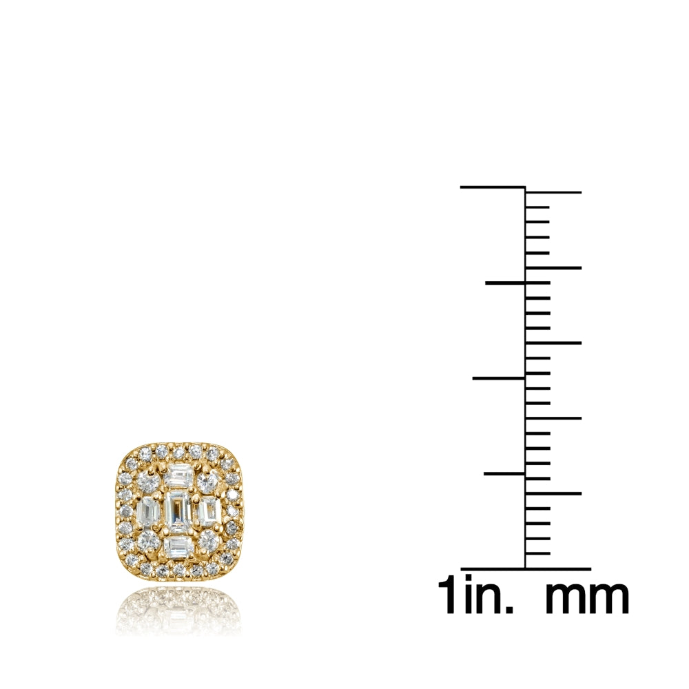 Yellow Gold Flashed Silver Cubic Zirconia Baguette and Round Cut Stud Earrings-3