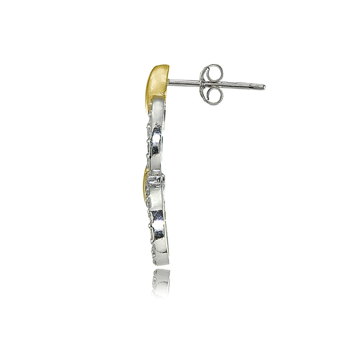 Sterling Silver Two-Tone Cubic Zirconia Double Oval Link Dangle Earrings