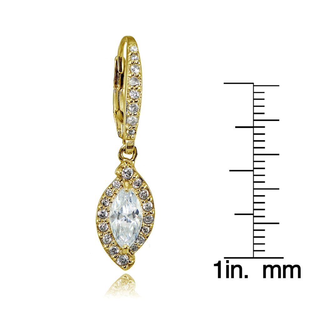 Yellow Gold Flashed Silver Cubic Zirconia Marquise Dangle Leverback Earrings-3