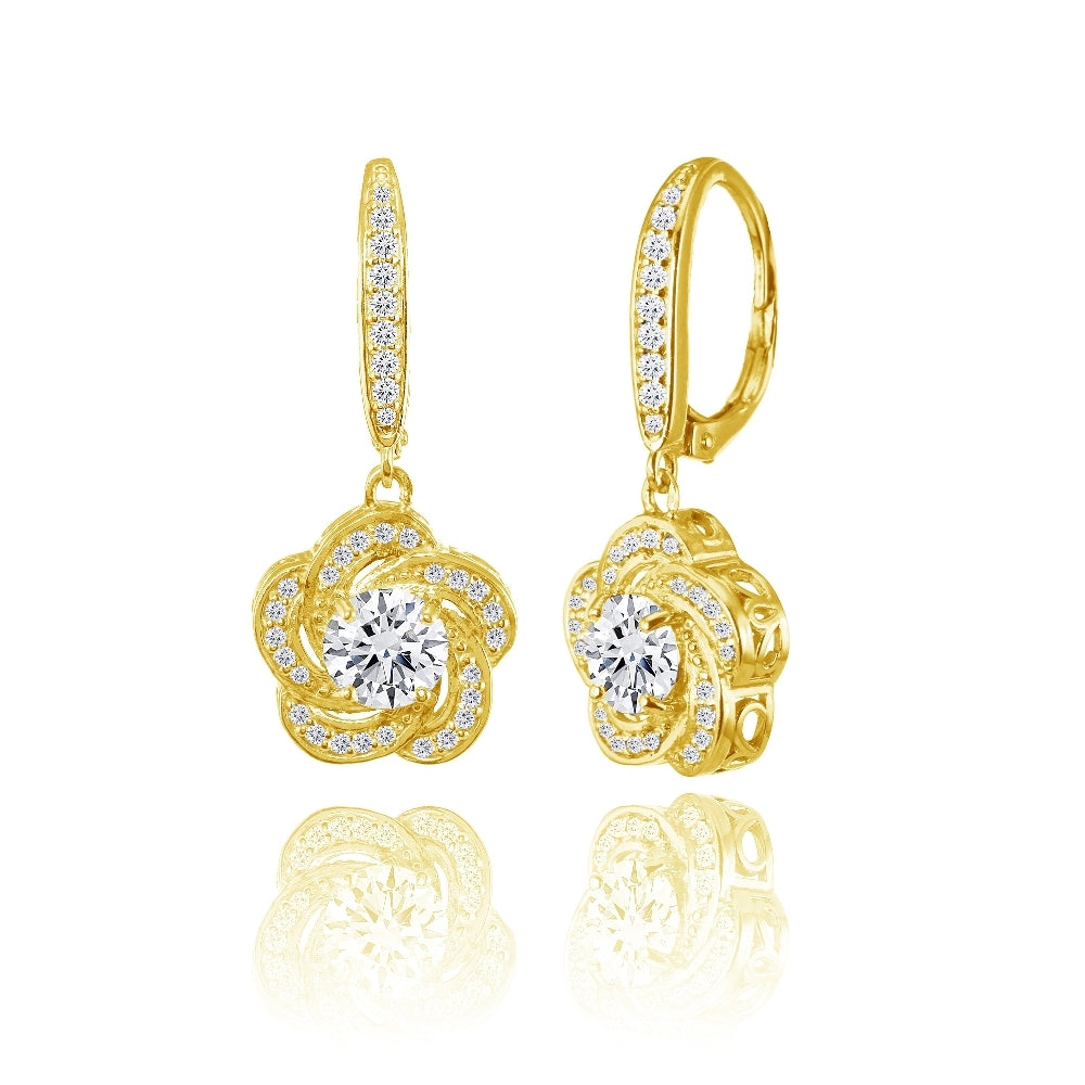 Yellow Gold Flashed Sterling Silver Cubic Zirconia Flower Swirl Dangle Leverback Earrings