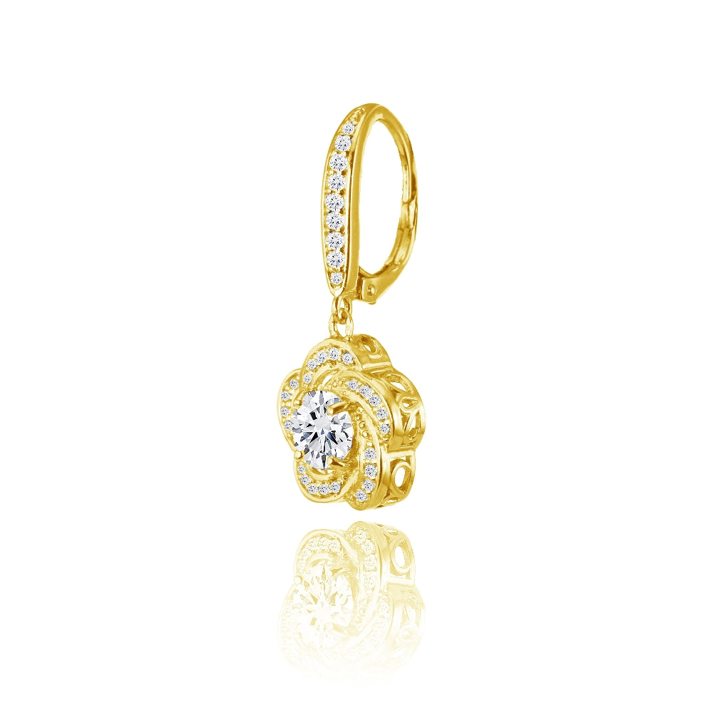 Yellow Gold Flashed Sterling Silver Cubic Zirconia Flower Swirl Dangle Leverback Earrings-2