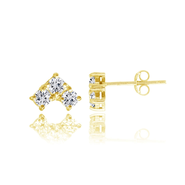 Yellow Gold Flashed Sterling Silver Cubic Zirconia 3-Stone Triangle Stud Earrings
