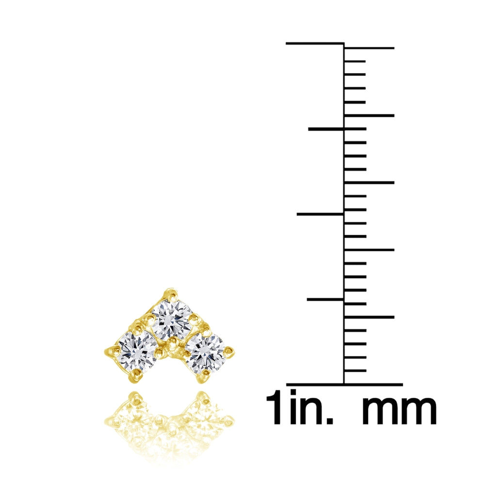 Yellow Gold Flashed Sterling Silver Cubic Zirconia 3-Stone Triangle Stud Earrings-3