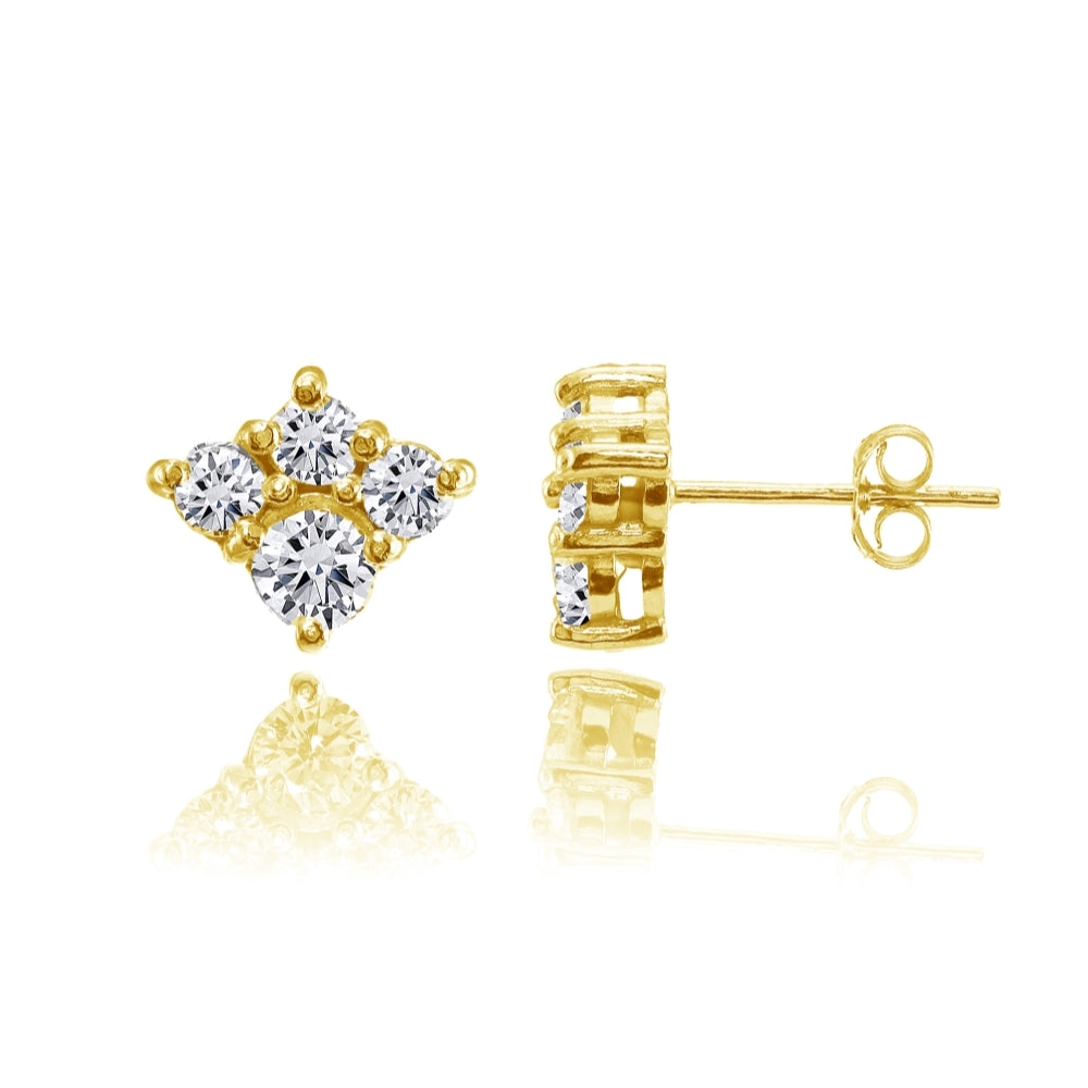 Yellow Gold Flashed Sterling Silver Cubic Zirconia 4-Stone Cluster Stud Earrings