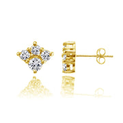 Yellow Gold Flashed Sterling Silver Cubic Zirconia 4-Stone Cluster Stud Earrings