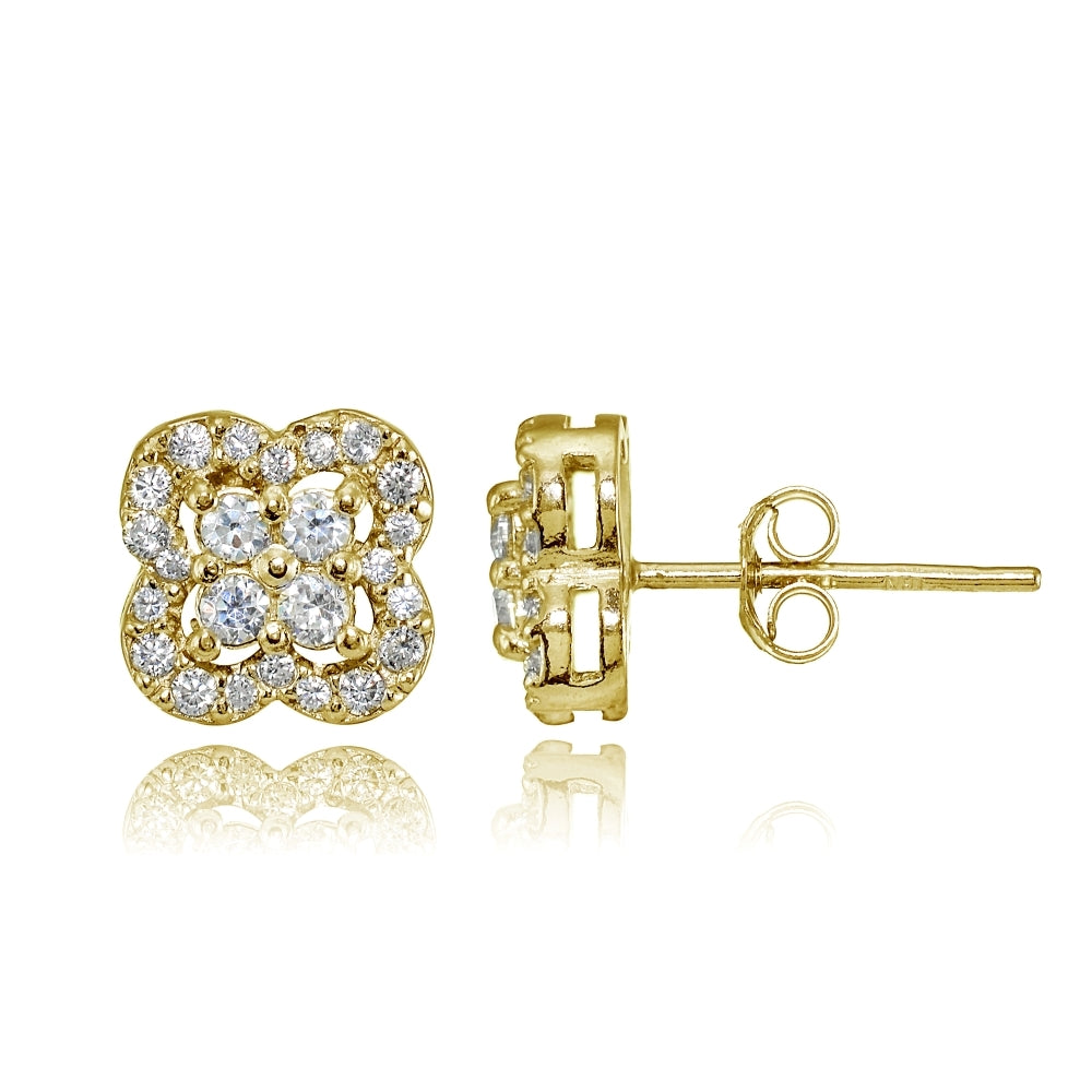 Yellow Gold Flashed Sterling Silver Cubic Zirconia Four Leaf Clover Stud Earrings