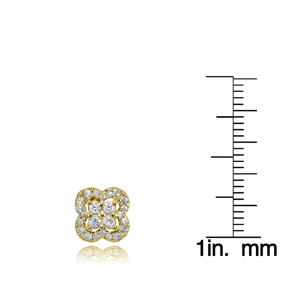 Yellow Gold Flashed Sterling Silver Cubic Zirconia Four Leaf Clover Stud Earrings-3