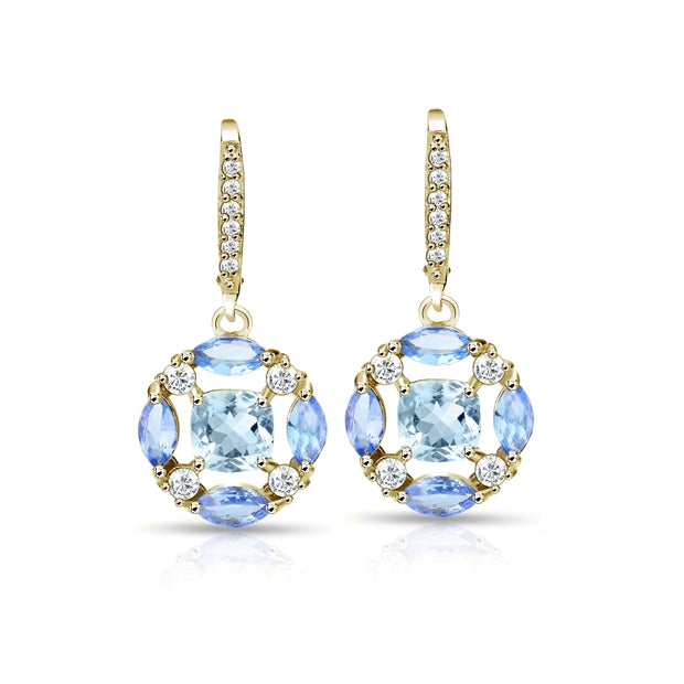 Yellow Gold Flashed Sterling Silver Blue Topaz, Tanzanite and White Topaz Circle Dangle Leverback Earrings