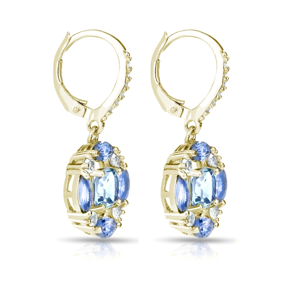 Yellow Gold Flashed Sterling Silver Blue Topaz, Tanzanite and White Topaz Circle Dangle Leverback Earrings-3