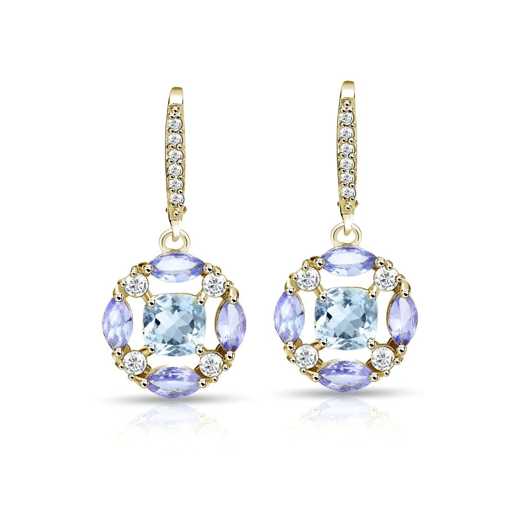 Yellow Gold Flashed Sterling Silver Blue Topaz, Amethyst and White Topaz Circle Dangle Leverback Earrings