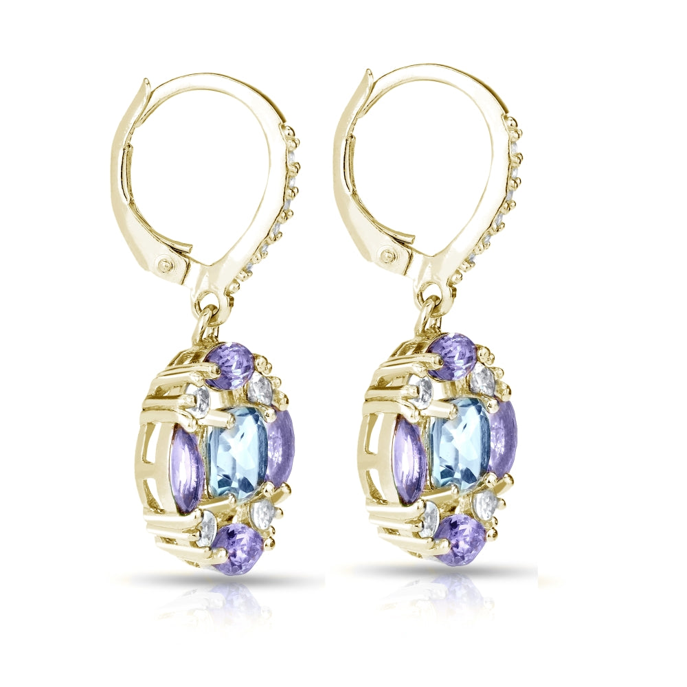 Yellow Gold Flashed Sterling Silver Blue Topaz, Amethyst and White Topaz Circle Dangle Leverback Earrings-3