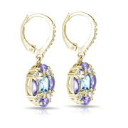 Yellow Gold Flashed Sterling Silver Blue Topaz, Amethyst and White Topaz Circle Dangle Leverback Earrings