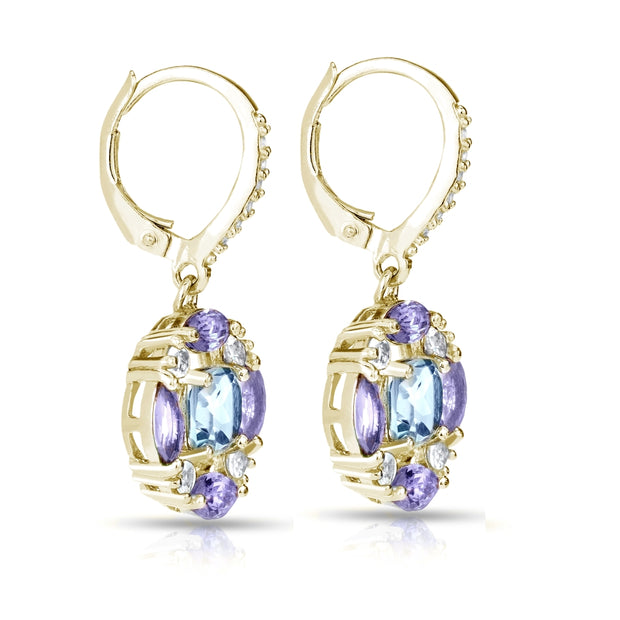 Yellow Gold Flashed Sterling Silver Blue Topaz, Amethyst and White Topaz Circle Dangle Leverback Earrings