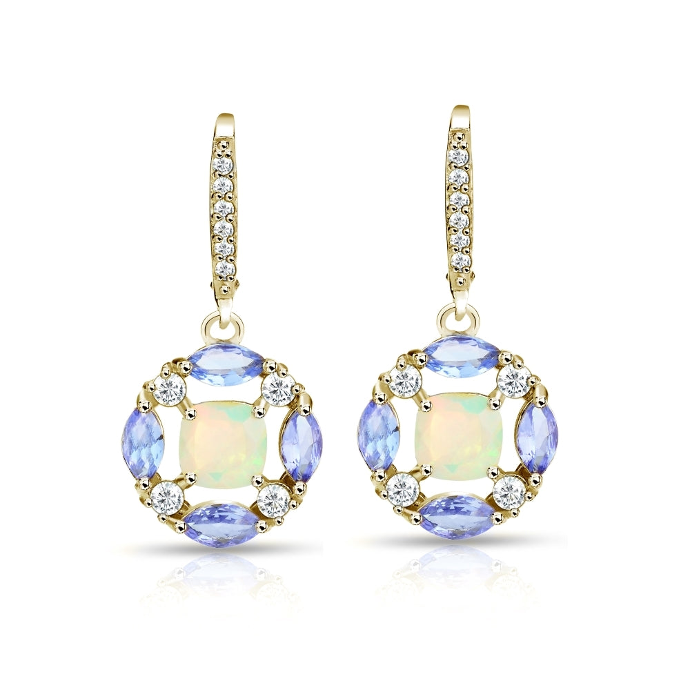 Yellow Gold Flashed Sterling Silver Ethiopian Opal, Tanzanite and White Topaz Circle Dangle Leverback Earrings