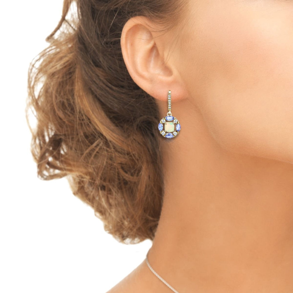 Yellow Gold Flashed Sterling Silver Ethiopian Opal, Tanzanite and White Topaz Circle Dangle Leverback Earrings-2