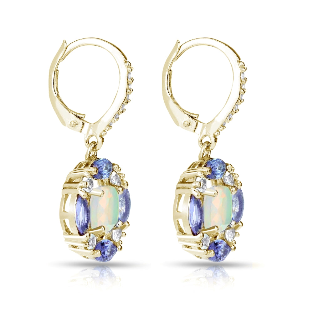 Yellow Gold Flashed Sterling Silver Ethiopian Opal, Tanzanite and White Topaz Circle Dangle Leverback Earrings-3