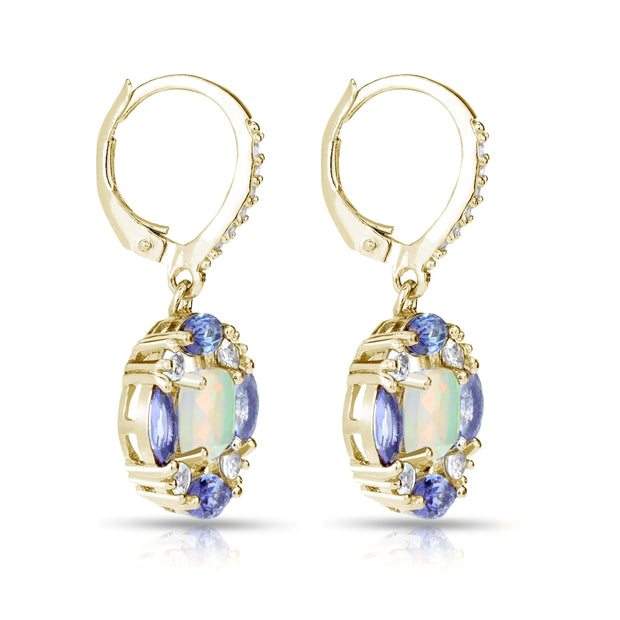 Yellow Gold Flashed Sterling Silver Ethiopian Opal, Tanzanite and White Topaz Circle Dangle Leverback Earrings