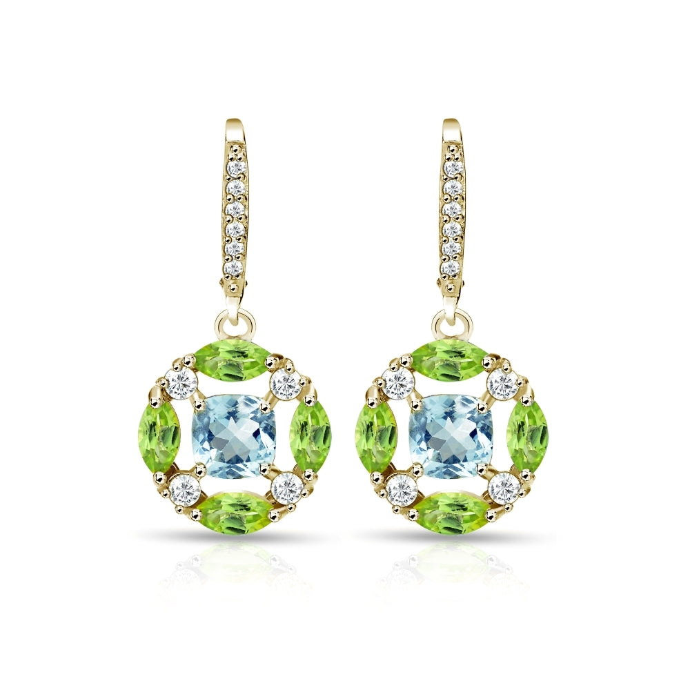 Yellow Gold Flashed Sterling Silver Blue Topaz, Peridot and White Topaz Circle Dangle Leverback Earrings