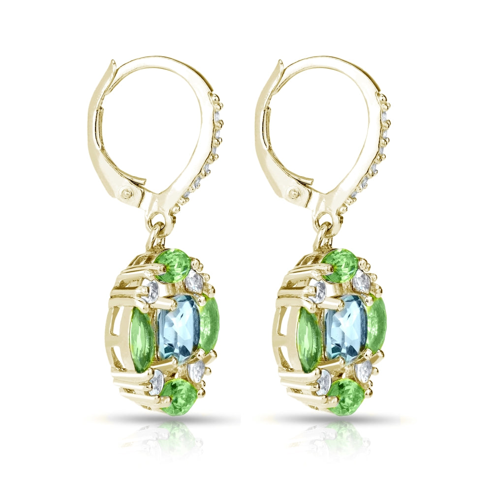 Yellow Gold Flashed Sterling Silver Blue Topaz, Peridot and White Topaz Circle Dangle Leverback Earrings-3