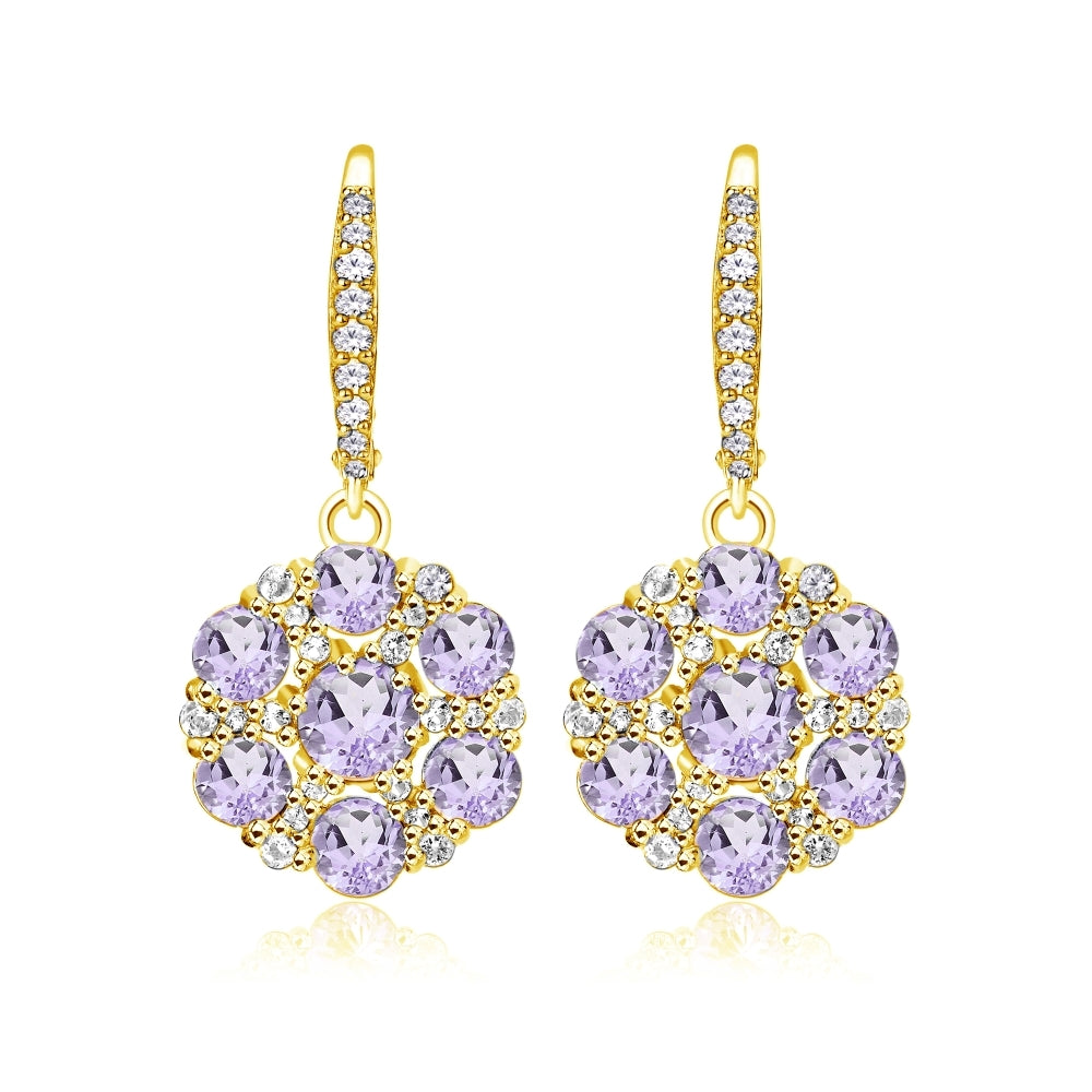 Yellow Gold Flashed Sterling Silver Amethyst and White Topaz Flower Dangle Leverback Earrings