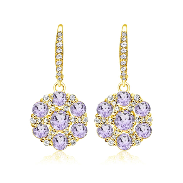 Yellow Gold Flashed Sterling Silver Amethyst and White Topaz Flower Dangle Leverback Earrings