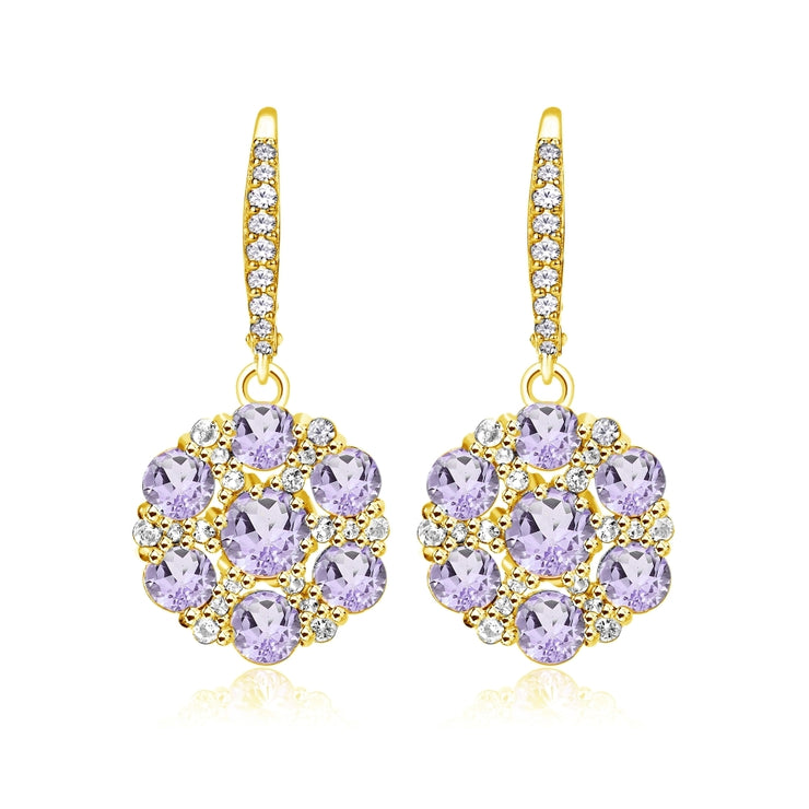 Yellow Gold Flashed Sterling Silver Amethyst and White Topaz Flower Dangle Leverback Earrings