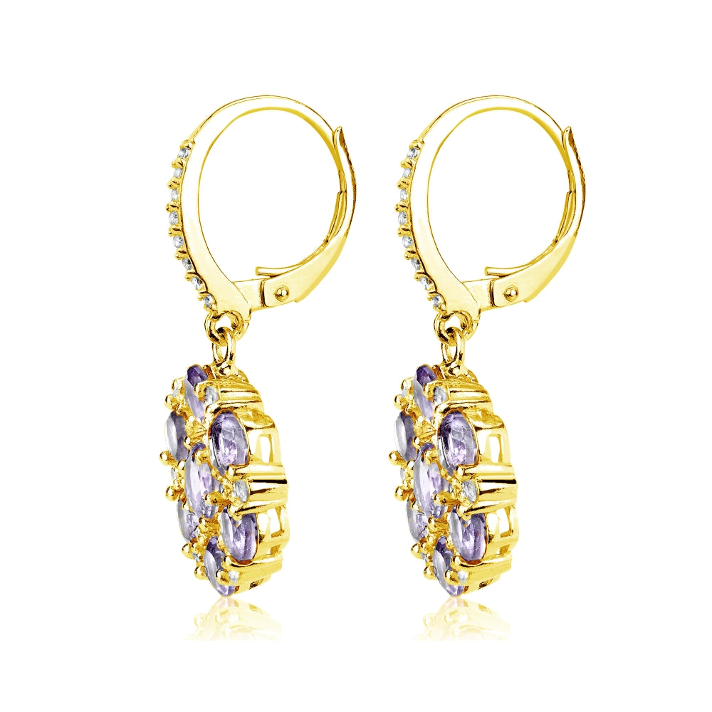 Yellow Gold Flashed Sterling Silver Amethyst and White Topaz Flower Dangle Leverback Earrings-3