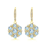 Yellow Gold Flashed Sterling Silver Blue and White Topaz Flower Dangle Leverback Earrings