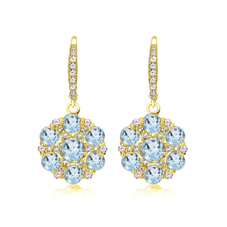 Yellow Gold Flashed Sterling Silver Blue and White Topaz Flower Dangle Leverback Earrings