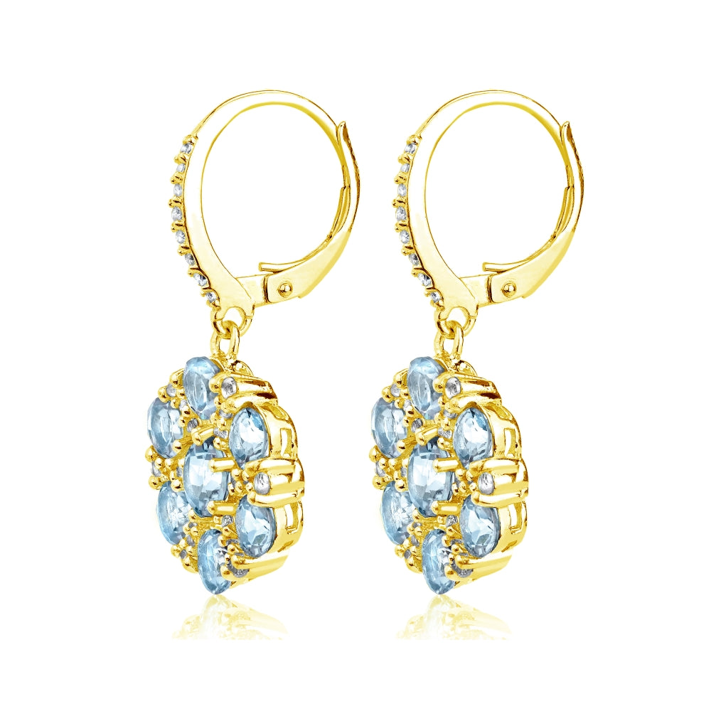 Yellow Gold Flashed Sterling Silver Blue and White Topaz Flower Dangle Leverback Earrings-3