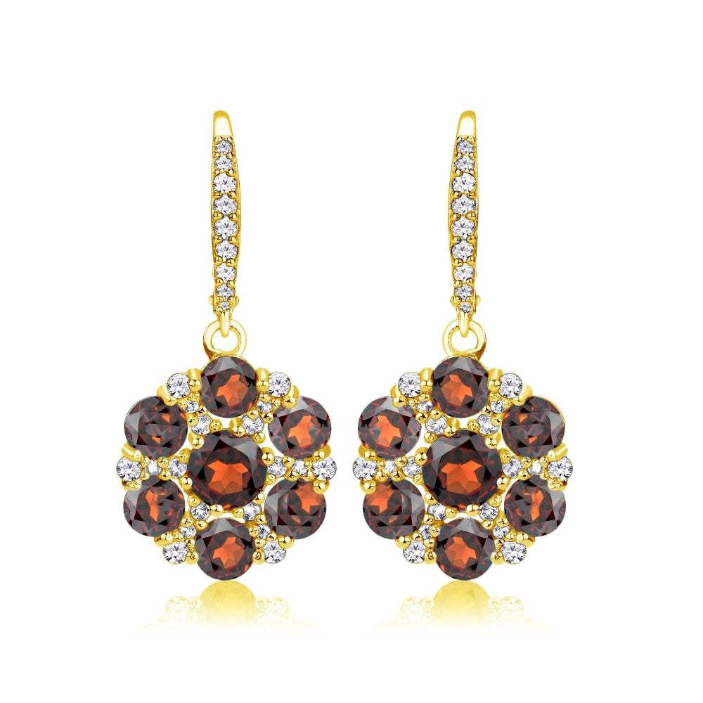 Yellow Gold Flashed Sterling Silver Garnet and White Topaz Flower Dangle Leverback Earrings