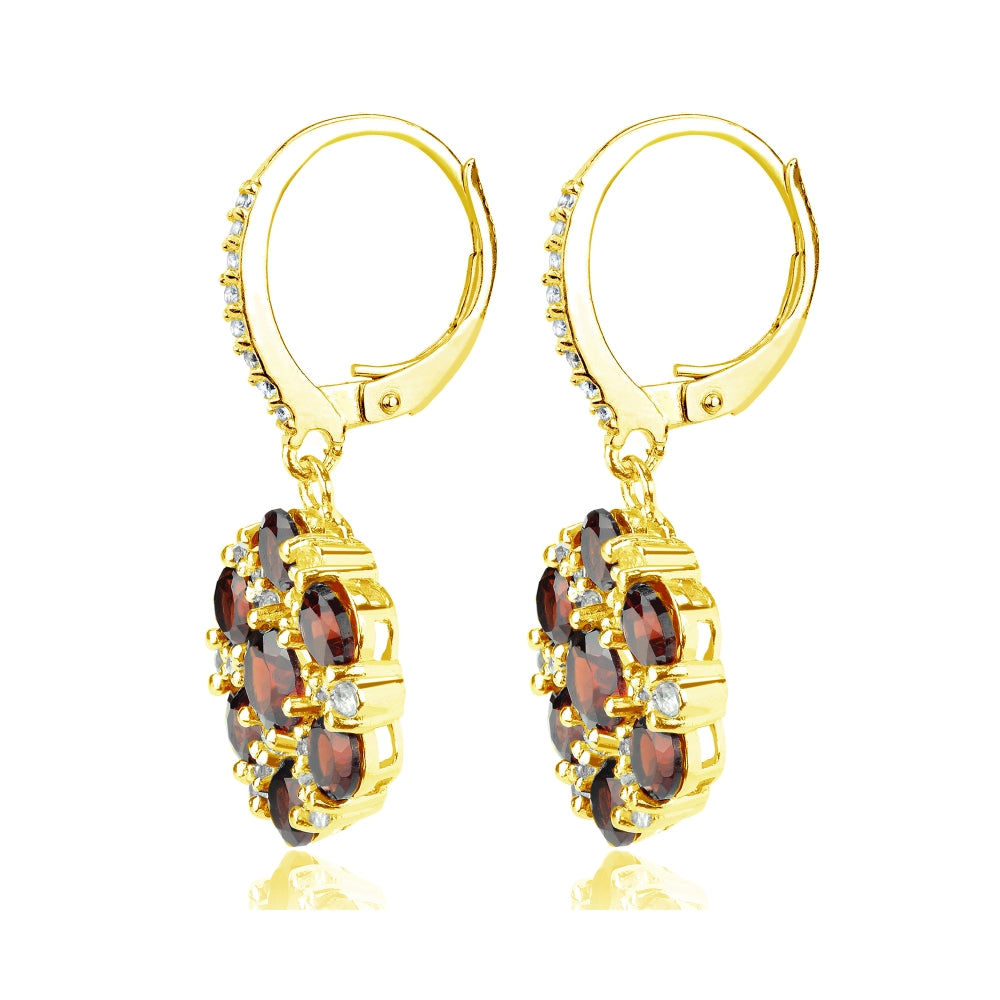 Yellow Gold Flashed Sterling Silver Garnet and White Topaz Flower Dangle Leverback Earrings-3