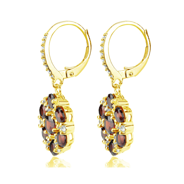Yellow Gold Flashed Sterling Silver Garnet and White Topaz Flower Dangle Leverback Earrings