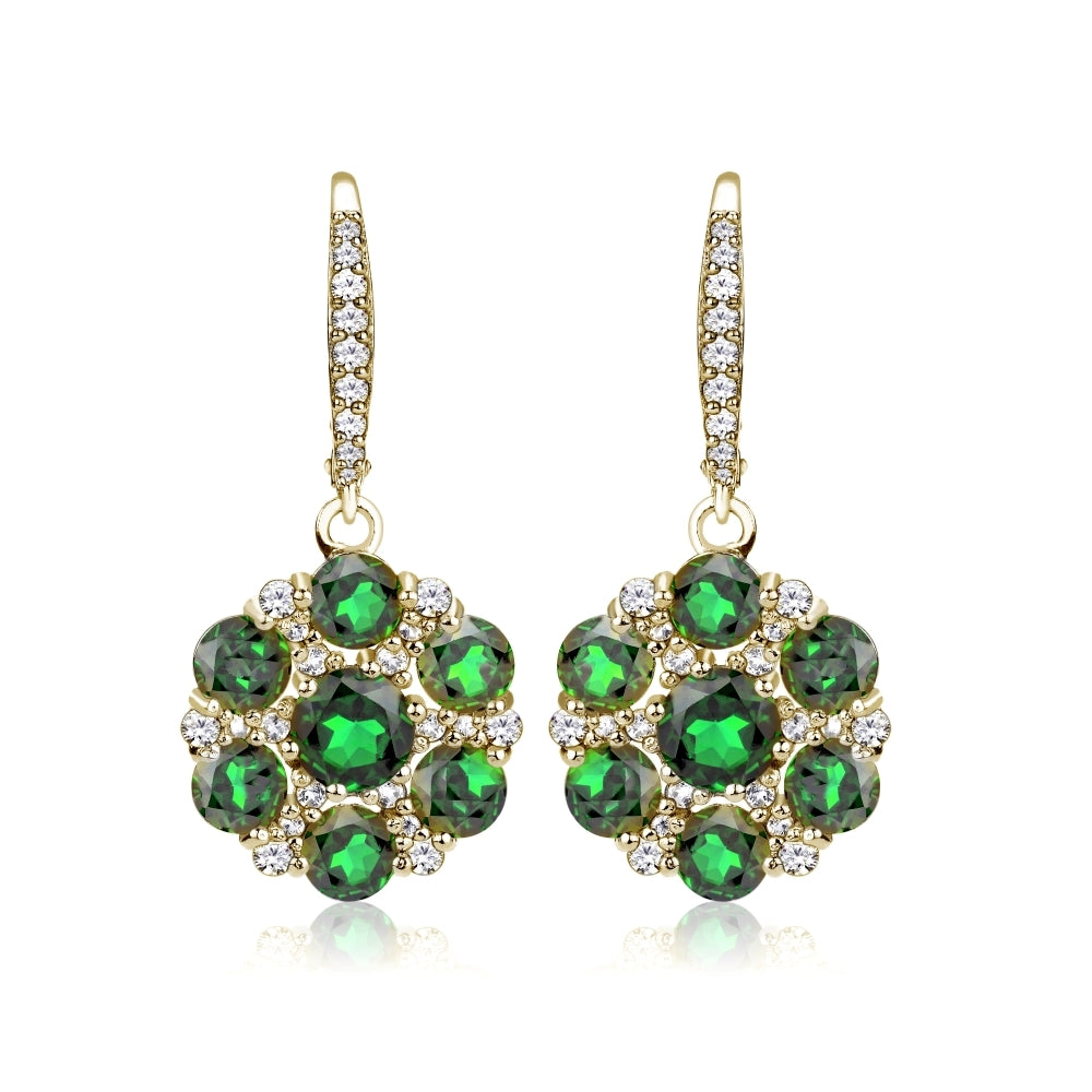 Yellow Gold Flashed Sterling Silver Created Emerald and White Topaz Flower Dangle Leverback Earrings