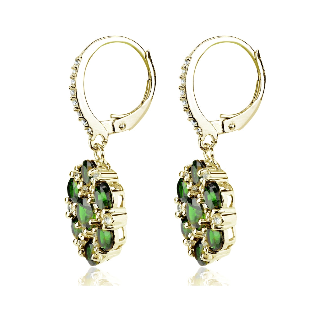 Yellow Gold Flashed Sterling Silver Created Emerald and White Topaz Flower Dangle Leverback Earrings-2