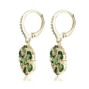 Yellow Gold Flashed Sterling Silver Created Emerald and White Topaz Flower Dangle Leverback Earrings