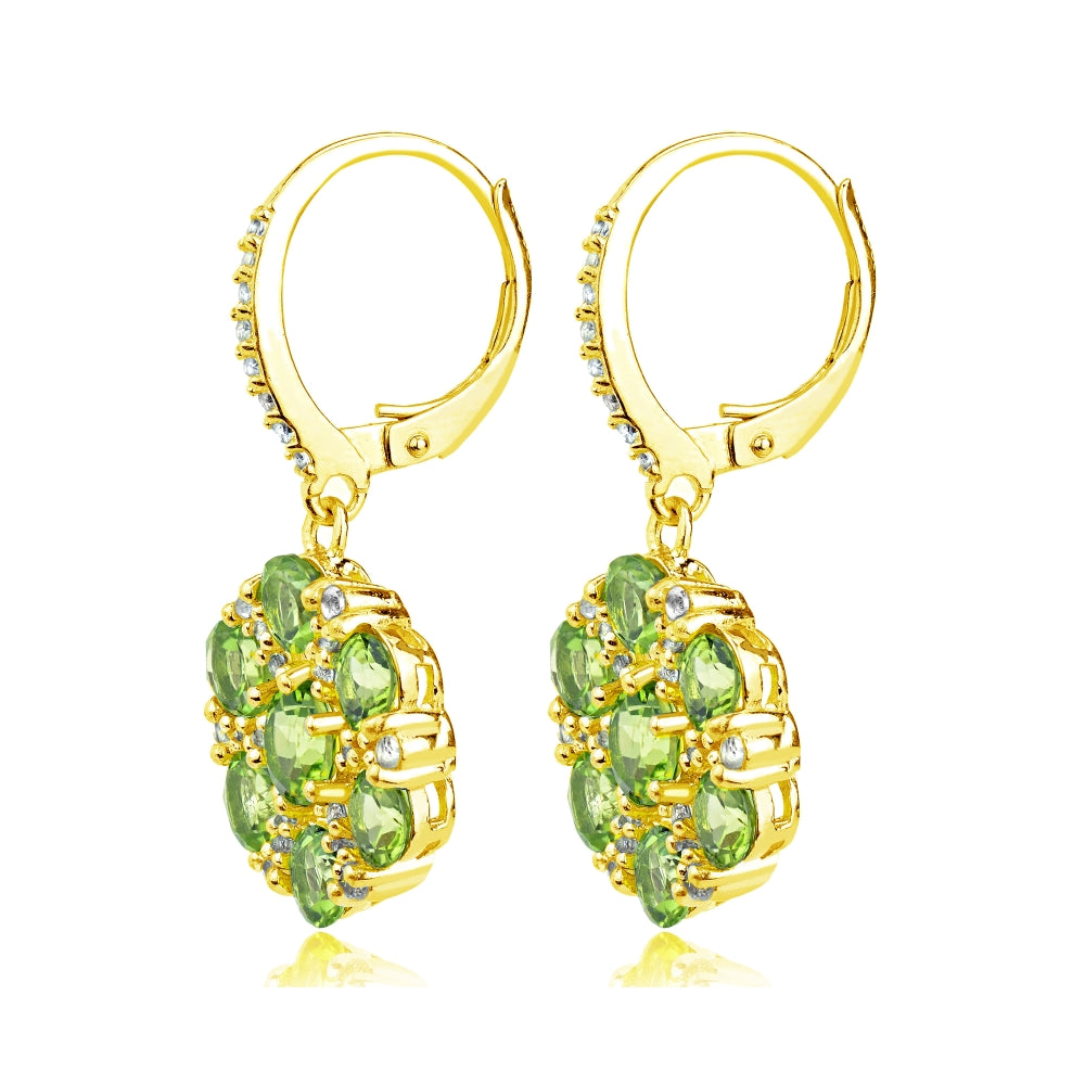 Yellow Gold Flashed Sterling Silver Peridot and White Topaz Flower Dangle Leverback Earrings-3